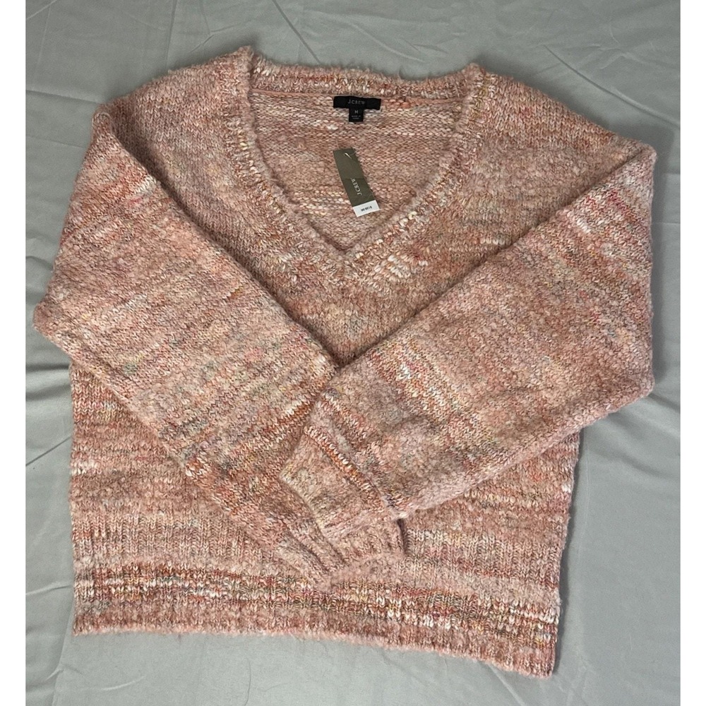 NWT J.Crew Women M Pink Puff Sleeve V-Neck Pullover Fuzzy Knit Sweater Space Dye